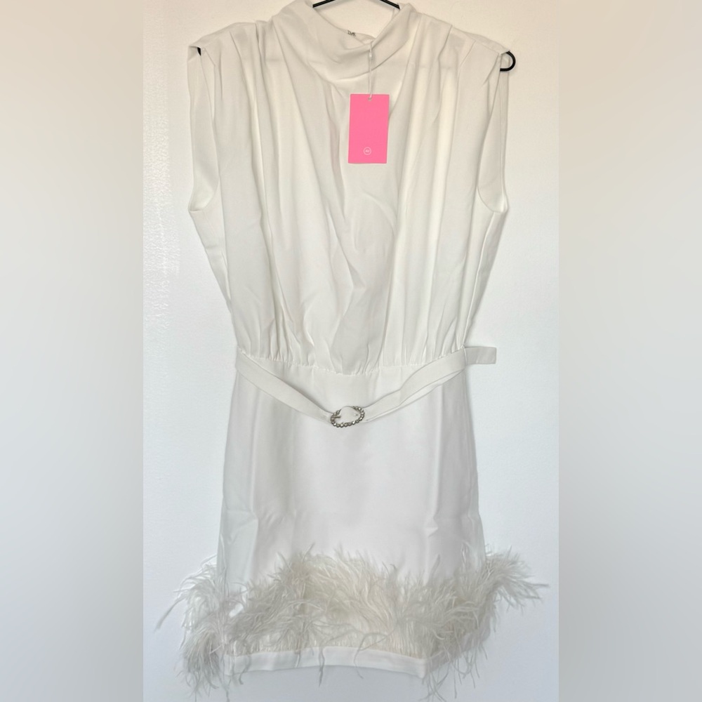 Amanda Uprichard NWT Sullivan Cowlneck Feather Trim Mini Dress in Ivory White - Picture 5 of 11